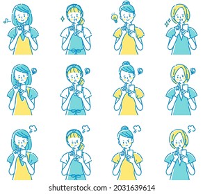 Facial expression illustration set of a woman showing a smartphone