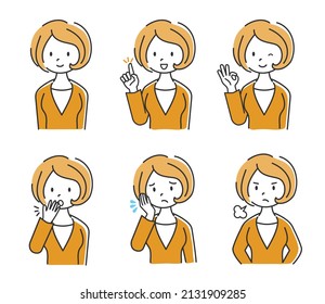 Facial expression illustration set of a young woman drawn with simple lines