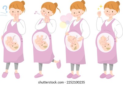 Facial expression illustration set of young pregnant woman