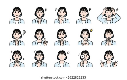 Facial expression illustration set of a young woman wearing a suit