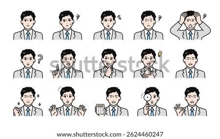 Facial expression illustration set of a young businessman in a suit