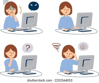 Facial expression illustration of a woman using a computer