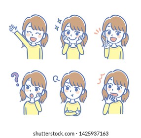 Facial expression illustrations set of girl