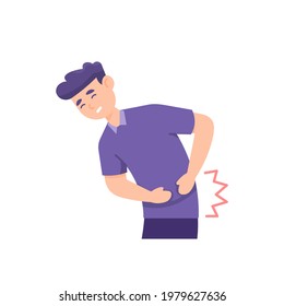 la expresión facial de un hombre con dolor de espalda en el estómago o la cintura. padeciendo enfermedades estomacales, úlceras, calambres. agarrando el estómago o la cintura. estilo plano. diseño de ilustración de vector de personas