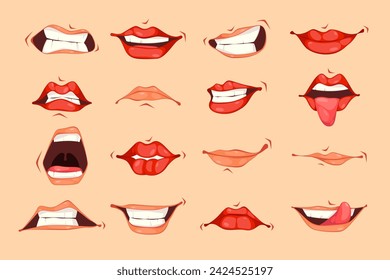 Facial expression part, isolated mouths of personages and characters. Vector mimics and emotions, non verbal language. Smiling and showing tongue, feeling of sadness and anger, shouting