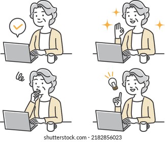 Facial expression pattern illustration of an elderly woman working on a personal computer