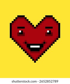 Facial expression pixel art heart emoji on yellow background.