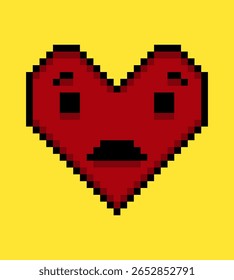 Facial expression pixel art heart emoji on yellow background.