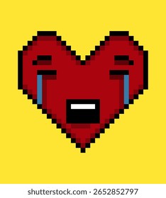 Facial expression pixel art heart emoji on yellow background.