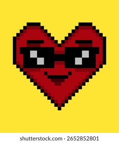 Facial expression pixel art heart emoji on yellow background.
