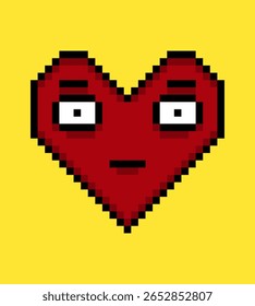 Expresión facial pixel art corazón emoji sobre fondo amarillo.