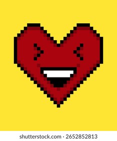 Expresión facial pixel art corazón emoji sobre fondo amarillo.