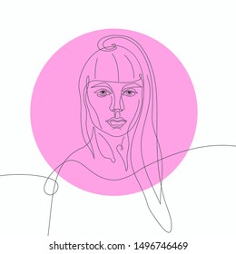 Facial expression portrait continuous one line vector illustration. Girl pretty face abstract line, silhouette. Fashionable, trendy woman, lady bust minimalist, simple contour design. Continuous art