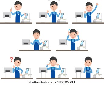 Facial expression pose illustration of a man in charge of cash register in a supermarket