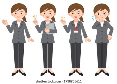 Facial expression pose illustration set of a woman in a business pants suit