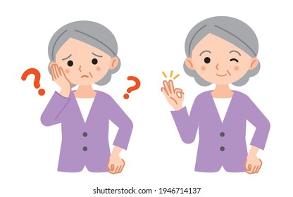 Facial expression pose illustration set of troubles and solutions of elderly women