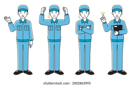 Facial expression pose illustration set of a male worker wearing a hat