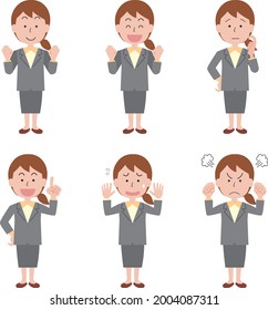 Facial expression pose illustration set of female office worker in suit
