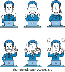 Facial expression pose illustration set of male office worker doing desk work