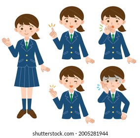Facial expression pose illustration set of female students in long sleeve uniforms