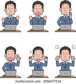 Facial expression pose illustration set of office worker male doing desk work