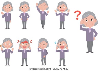 Facial expression pose illustration set for elderly women