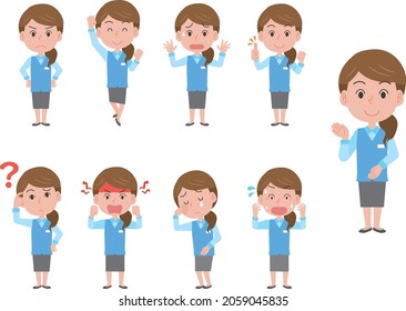 Facial expression pose illustration set of a woman working in a uniformed company
