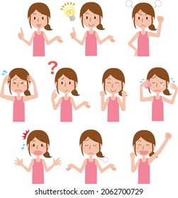 Facial expression pose illustration set of a woman wearing a pink tank top