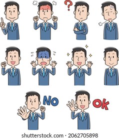 Facial expression pose illustration set of office worker male