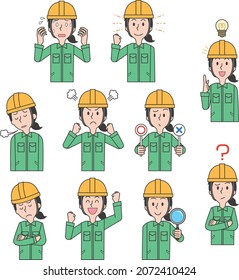 Facial expression pose illustration set of worker woman