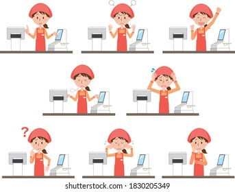Facial expression pose illustration of a woman in charge of cash register in a supermarket