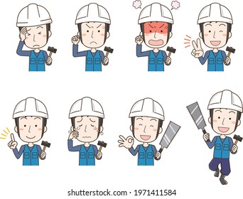 Facial expression pose set of a carpenter man wearing a helmet