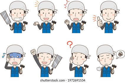 Facial expression pose set of a carpenter man with a tool