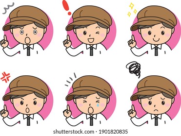 Facial expression pose set of emotions pointed by a male clerk or staff