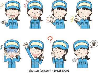 Facial expression pose set of a female worker wearing a hat