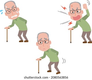Facial expression pose set illustration of an elderly man wearing a cane