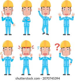 Facial expression pose set of a worker man wearing a yellow helmet