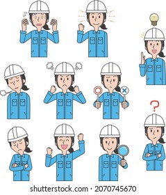 Facial expression pose set of a worker woman wearing a white helmet