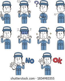 La expresión facial plantea variación conjunto de ilustración de un hombre con ropa de trabajo