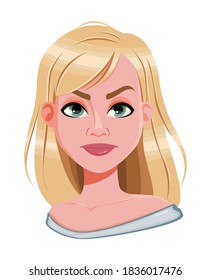 Facial expression of pretty woman, disappointed. Female emotion. Cute cartoon character. Vector illustration on white background.