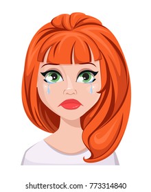 Facial expression of a redhead woman - crying. Female emotions. Attractive cartoon character. Vector illustration isolated on white background.