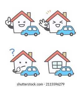 Facial expression set about house and car