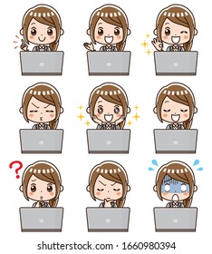 A facial expression set of a business woman who operates a PC.