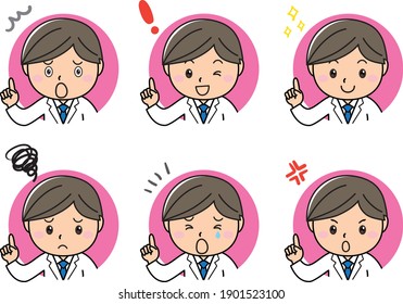 Facial expression set of emotions of a man in a white coat pointing his finger