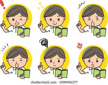 Facial expression set of emotions of a man holding a book and pointing his finger