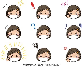 Facial expression set of emotions of a woman wearing a mask