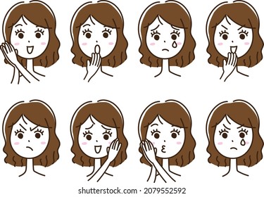 Facial expression set of female emotions, hand-drawn illustrations