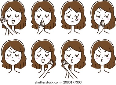 Facial expression set of female emotions, hand-drawn illustrations