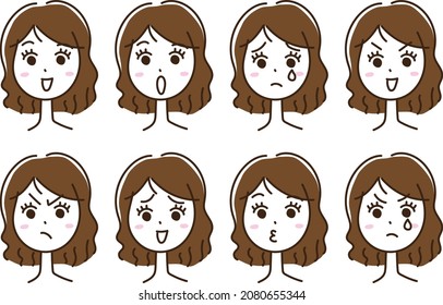 Facial expression set of female emotions, hand-drawn illustrations