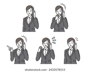 Conjunto de expresión facial de una trabajadora de oficina haciendo una llamada telefónica